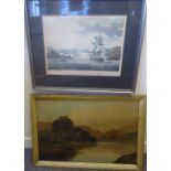 A late Victorian oil on canvas of a lake landscape, 16" (41cms) x 23" (59cms), and a coloured