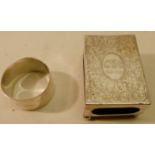 An engraved silver Matchbox Holder inscribed with initials and a silver serviette ring inscribed