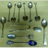 Six Chinese Teaspoons with simulated bamboo handles, a pair of silver Sugar Tongs, two silver and