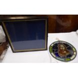 An ebonised and glazed Table-top Display Case, 16" (41cms) wide, and a leaded and coloured glass