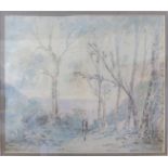 19th century French School, figures on a woodland path, Watercolour. 11" (28cms) x 12 1/2" (32cms).