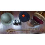 A pair of Ross 10x50 Binoculars in leather case, a Glengarry WWII tin helmet and a mace.