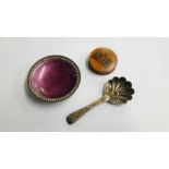 Caddy spoon, enamelled dish etc.