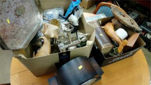 Two boxes including silver plate, mantle clock etc.
