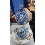 A Chinese blue and white moon flask and a quantity of Chinese tea bowls etc.