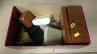 Box of assorted, bell, hip flask etc.