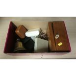 Box of assorted, bell, hip flask etc.