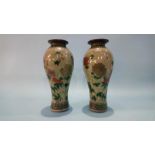Pair of drab green Chinese vases, decorated with flora, 26cm