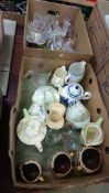 2 boxes of china and glass, saddle, Crown Devon etc.