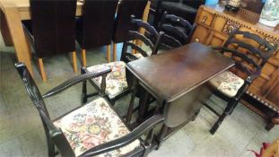 Oak corner cabinet, table and four chairs