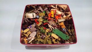 Tin of assorted toys, Timpo, Lesney etc.
