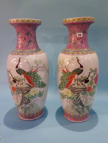 Pair of large Oriental vases, decorated with birds, 62cm