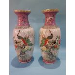 Pair of large Oriental vases, decorated with birds, 62cm