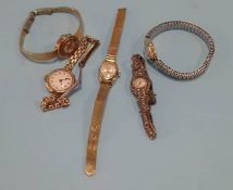 Two Ladies 9ct gold watches and three others (5)