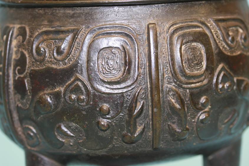 A Chinese carved hardwood bronze censor, fitted stand and lid with jade finial. 28 cm high - Image 3 of 5