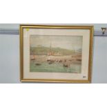 Watercolour, shore scene with fishing boats, signed B Hemy, lower left, 48cm x 38cm