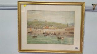 Watercolour, shore scene with fishing boats, signed B Hemy, lower left, 48cm x 38cm