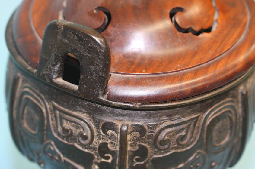 A Chinese carved hardwood bronze censor, fitted stand and lid with jade finial. 28 cm high - Image 5 of 5