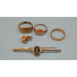 Two gold signet rings, a brooch etc., 13.6 grams