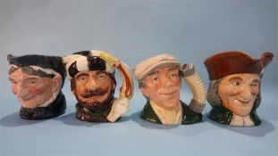 Four Royal Doulton character jugs, 'Granny', 'The Trapper', 'The Busker' and 'The Vicar of Bray'