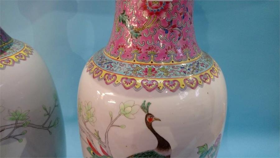 Pair of large Oriental vases, decorated with birds, 62cm - Image 5 of 8