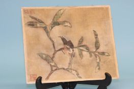 Chinese painting of a bird on a branch, on silk and laid on board. 23 cm high