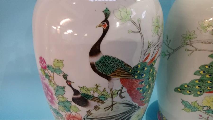 Pair of large Oriental vases, decorated with birds, 62cm - Image 2 of 8