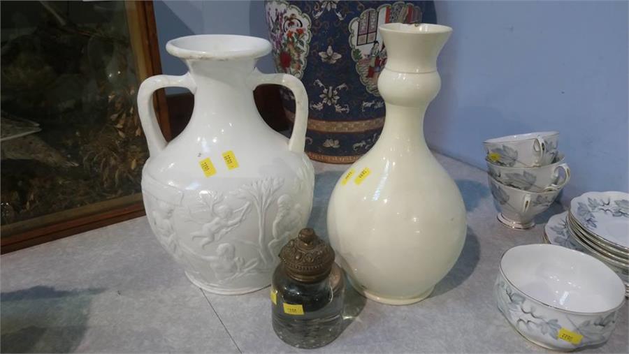 Creamware vase, relief vase and an inkwell - Image 2 of 3