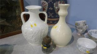 Creamware vase, relief vase and an inkwell