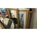 Gilt framed mirror and various prints