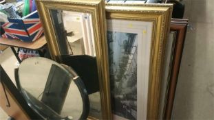Gilt framed mirror and various prints