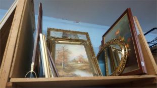 Various gilt framed oils, mirrors and spark guards