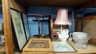 Shelf of assorted including; lamp, tea pot etc.