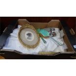 Part silver vanity set, assorted linen etc., in one box