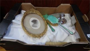 Part silver vanity set, assorted linen etc., in one box