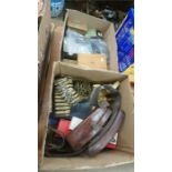 Cartridge cases, brass weights etc. in two boxes