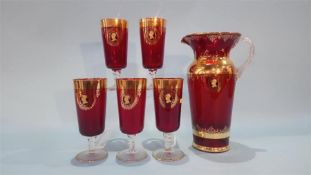 A red and gilt flashed jug and five goblets