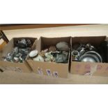 Assorted pewter etc. in three boxes