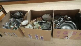 Assorted pewter etc. in three boxes