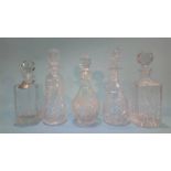 Five various cut glass decanters