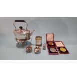 Tray of assorted including; a spirit kettle, carriage clock etc.