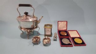 Tray of assorted including; a spirit kettle, carriage clock etc.