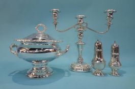 A plated tureen candelabra and two sugar castors