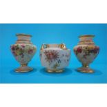 Pair of Royal Worcester blush ivory vases, decorated with flowers, 10cm and one other