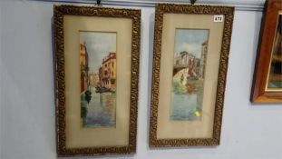 Pair, J.L George, watercolours, 'Venetian canal scene', 33cm x 11cm