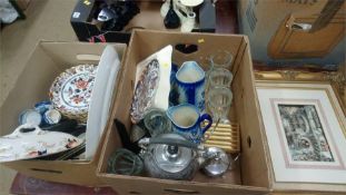 Two boxes of Spode etc. and various prints