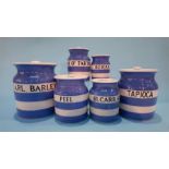 Six graduated Cornish Ware kitchen storage jars