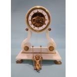 A French alabaster clock with enamelled open dial and gilt mounts, with a putti swing pendulum,