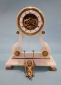 A French alabaster clock with enamelled open dial and gilt mounts, with a putti swing pendulum,