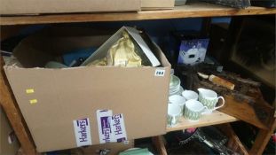 Shelf of assorted including a part Shelley tea set, quartz cuckoo clock etc